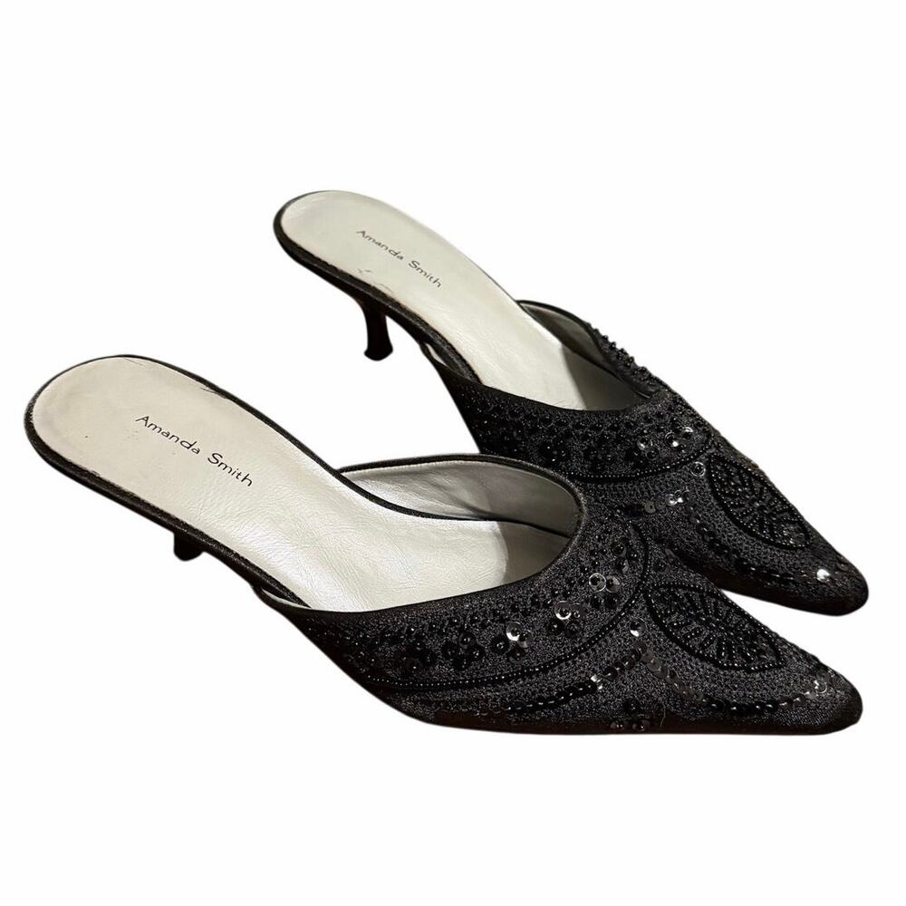 Amanda Smith Black Beaded Pointed Toe Kitten Heels Size 7.5